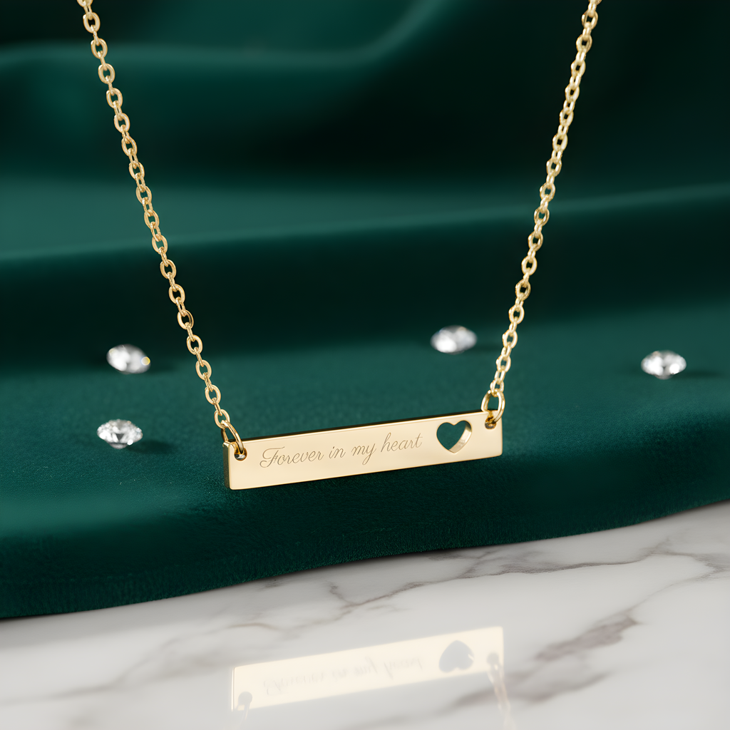 “Forever in My Heart” Timeless Gold Engraved Heart Bar Necklace