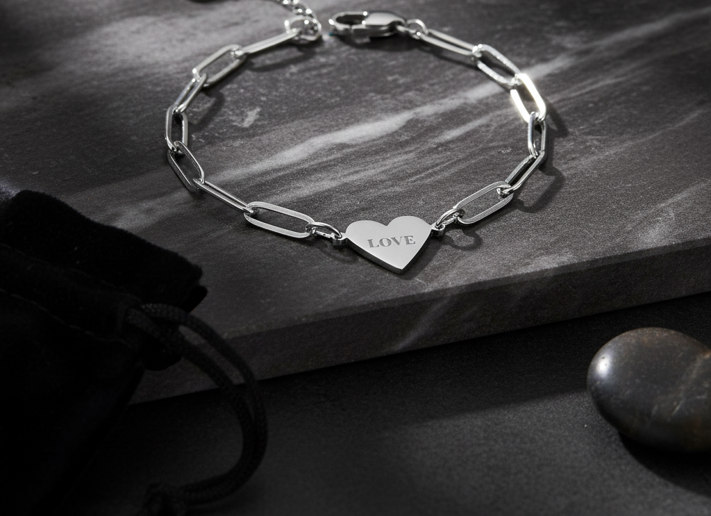 “LOVE” Stainless Steel Paperclip Heart Bracelet