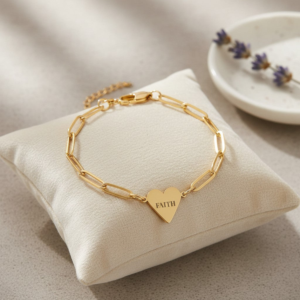 "FAITH" Gold Paperclip Heart Bracelet