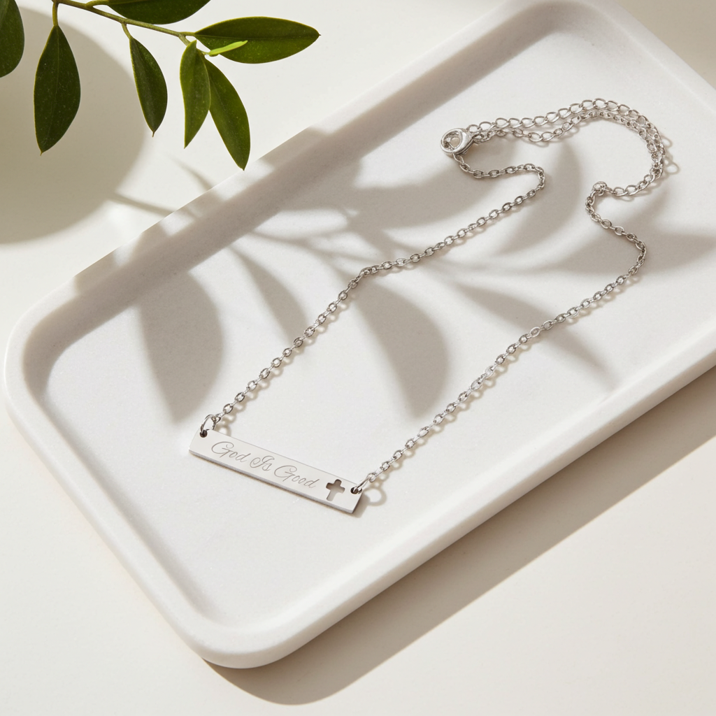 "God is Good" Stainless Steel Cutout Cross Bar Necklace