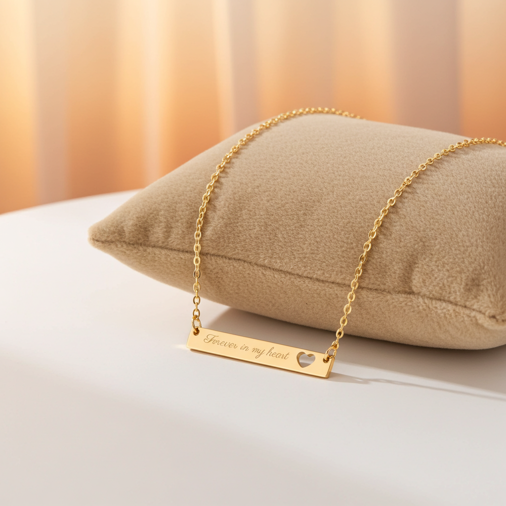 “Forever in My Heart” Timeless Gold Engraved Heart Bar Necklace