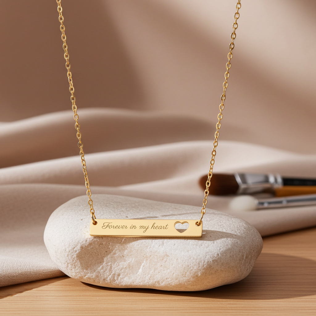 “Forever in My Heart” Timeless Gold Engraved Heart Bar Necklace