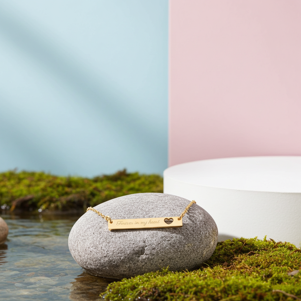 “Forever in My Heart” Timeless Gold Engraved Heart Bar Necklace