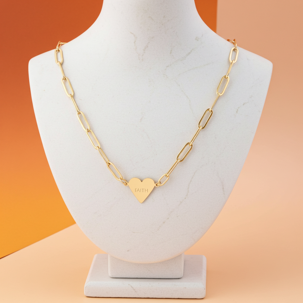 “FAITH” Engraved Minimalist Gold Heart Paperclip Necklace