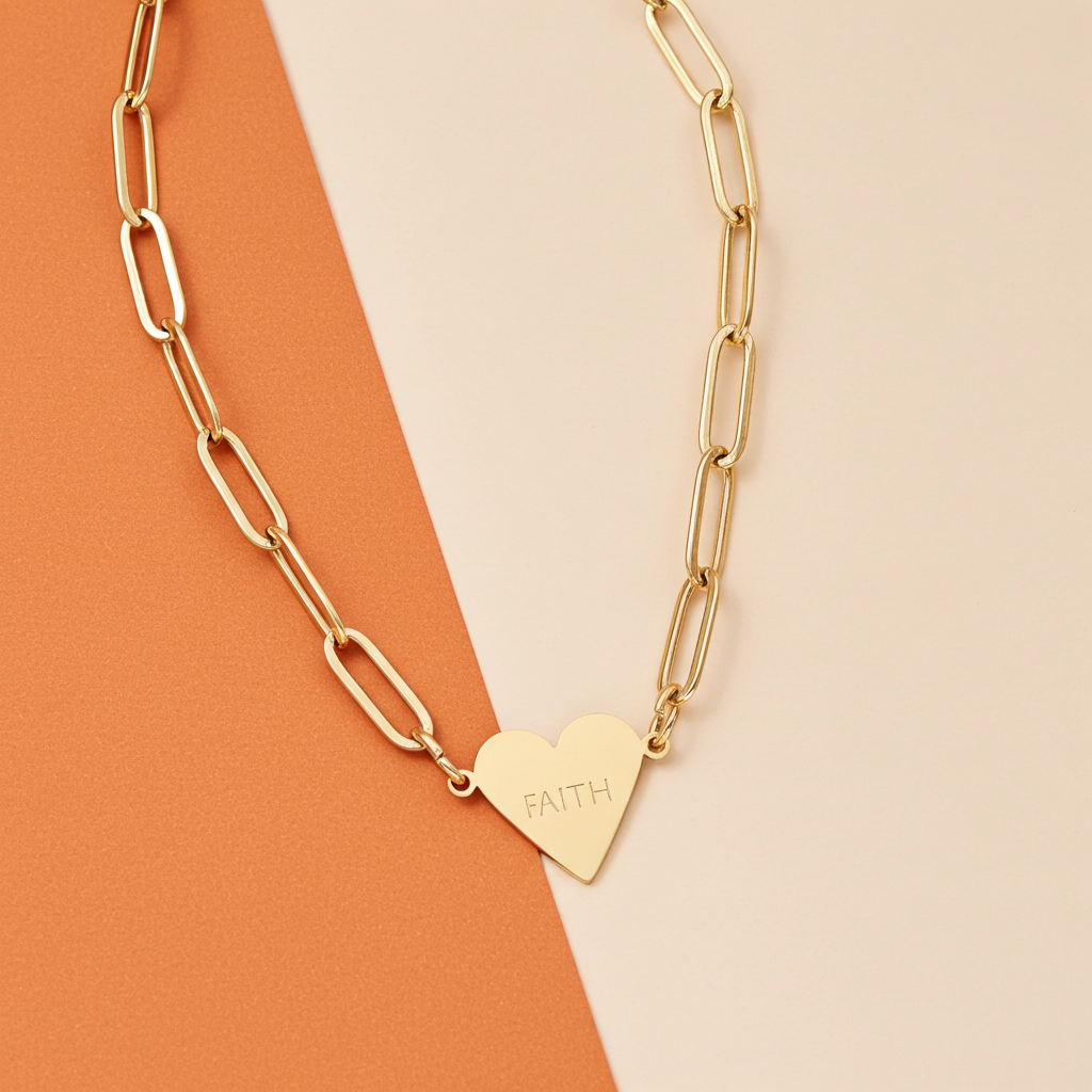 “FAITH” Engraved Minimalist Gold Heart Paperclip Necklace