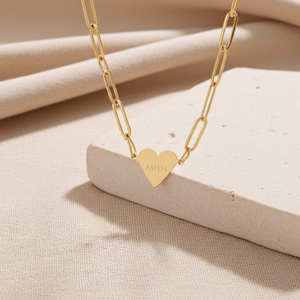 “FAITH” Engraved Minimalist Gold Heart Paperclip Necklace