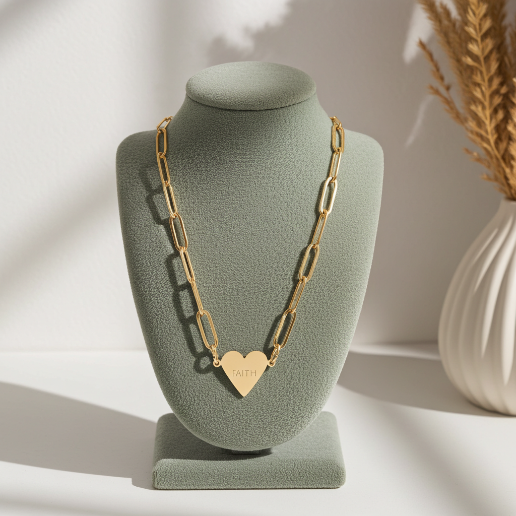 “FAITH” Engraved Minimalist Gold Heart Paperclip Necklace