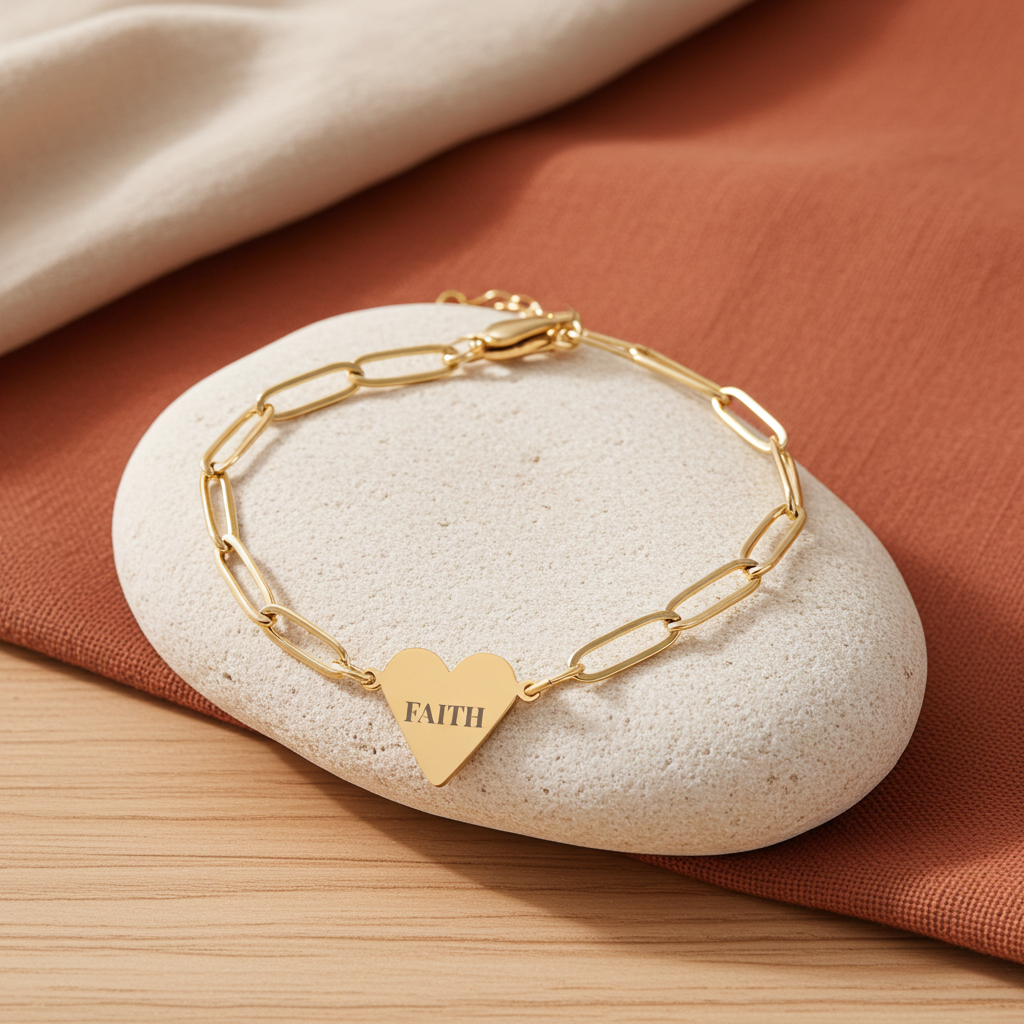 "FAITH" Gold Paperclip Heart Bracelet