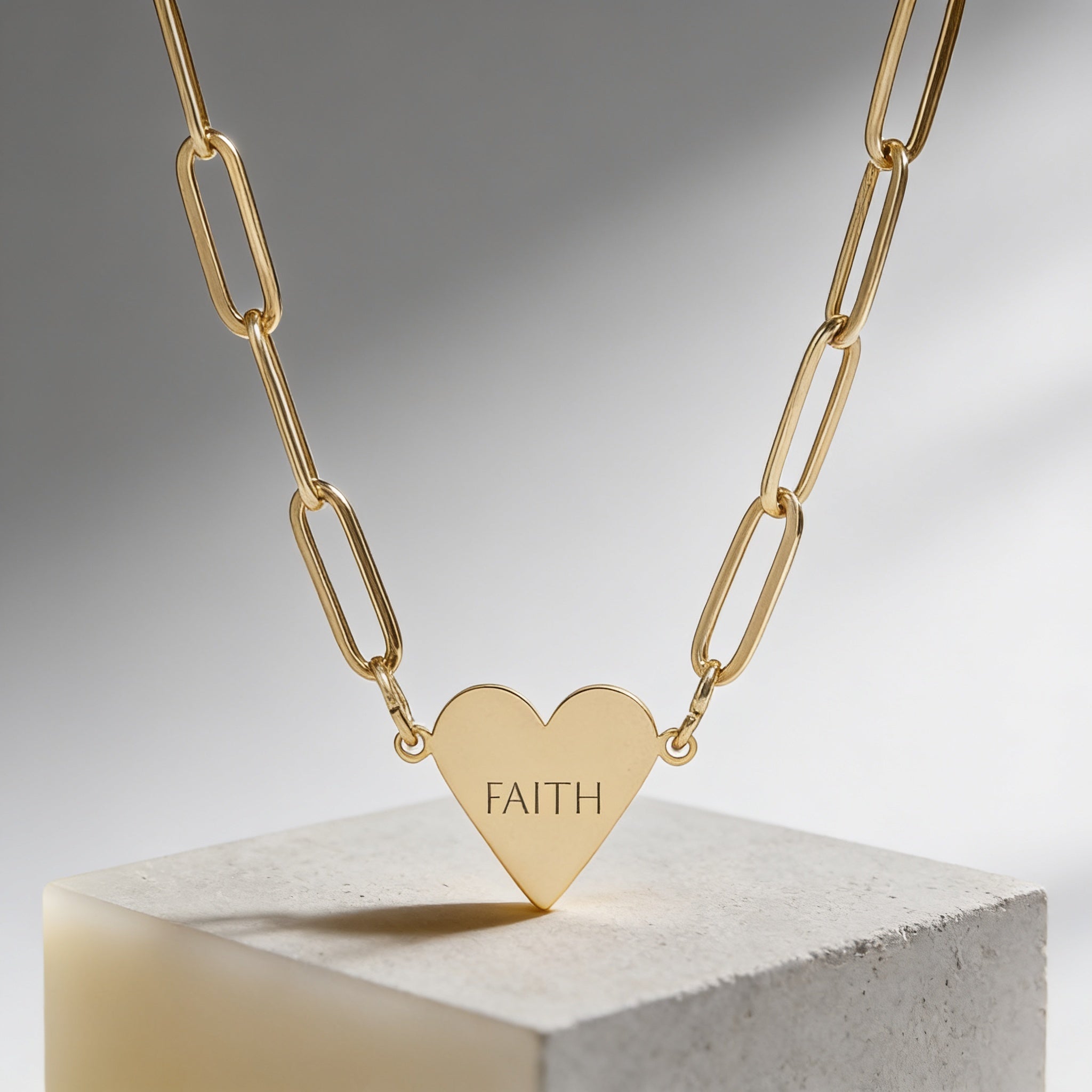 “FAITH” Engraved Minimalist Gold Heart Paperclip Necklace