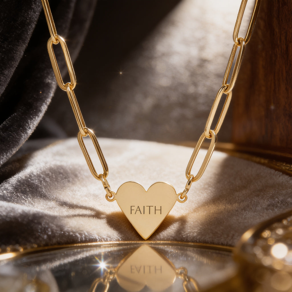 “FAITH” Engraved Minimalist Gold Heart Paperclip Necklace