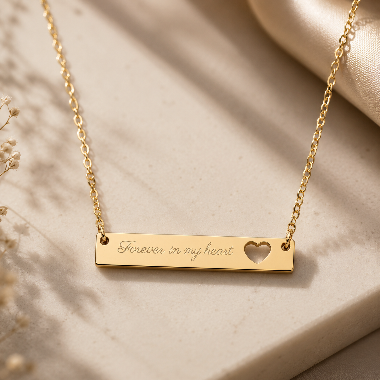 “Forever in My Heart” Timeless Gold Engraved Heart Bar Necklace