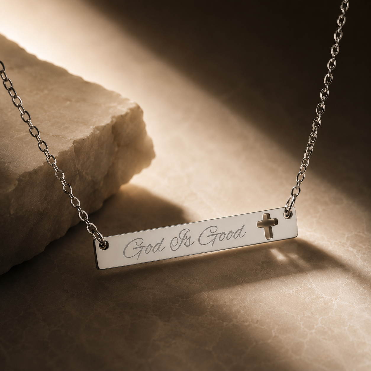 "God is Good" Stainless Steel Cutout Cross Bar Necklace