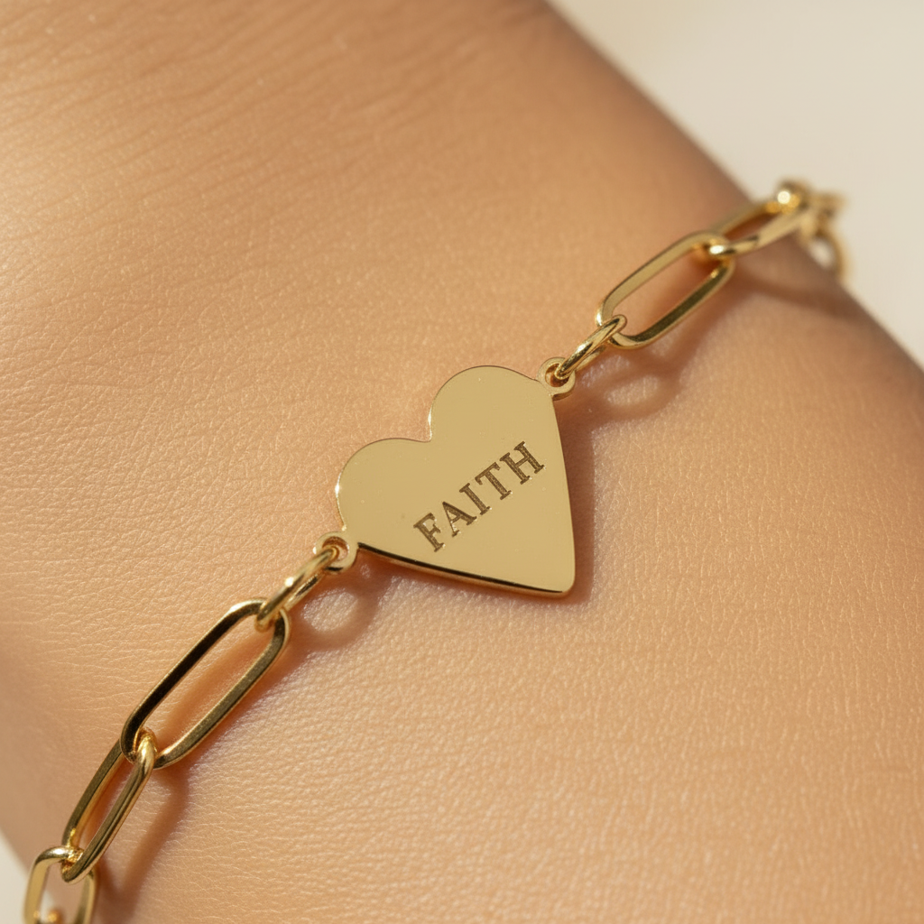 "FAITH" Gold Paperclip Heart Bracelet