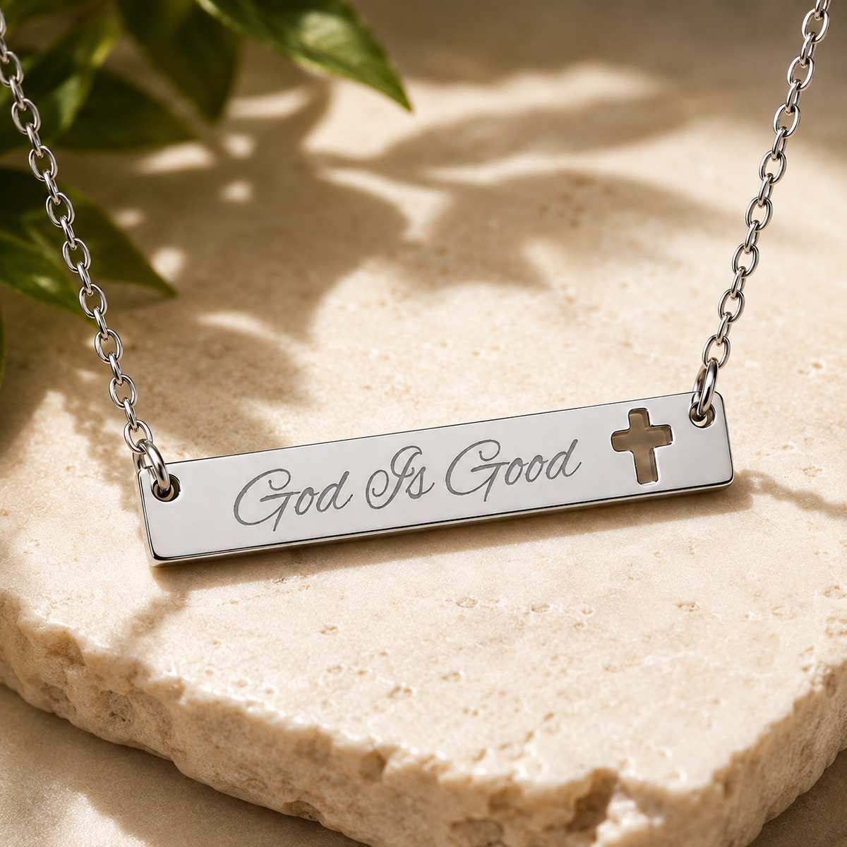 "God is Good" Stainless Steel Cutout Cross Bar Necklace